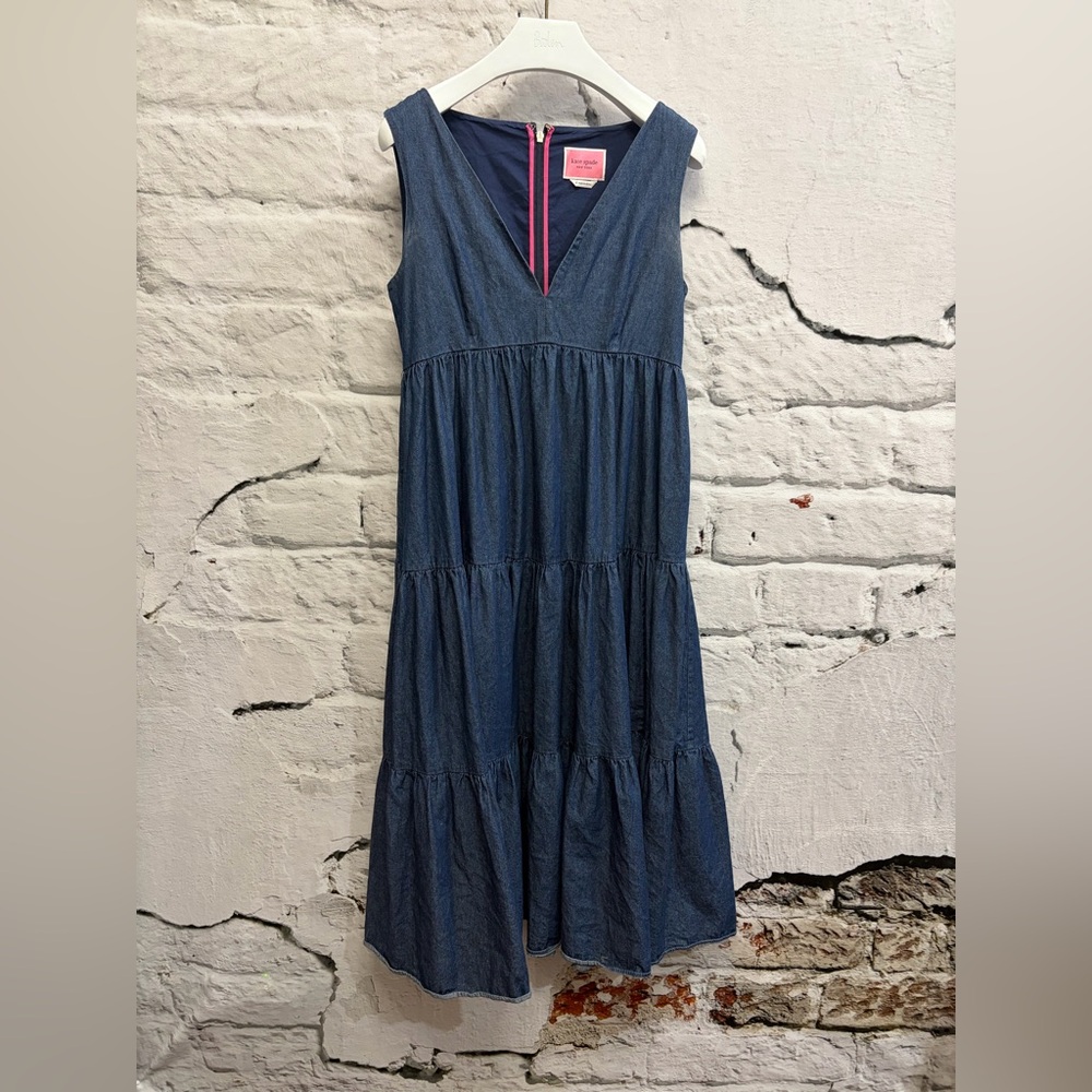 Kate Spade Chambray Vineyard Midi Dress Denim Jean Tiered V-Neck Boho Classic - Picture 5 of 7